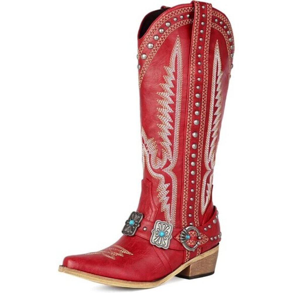 Women's Red Knee High Cowboy Rivet Western Cowgirl Boots with Buckle Boots